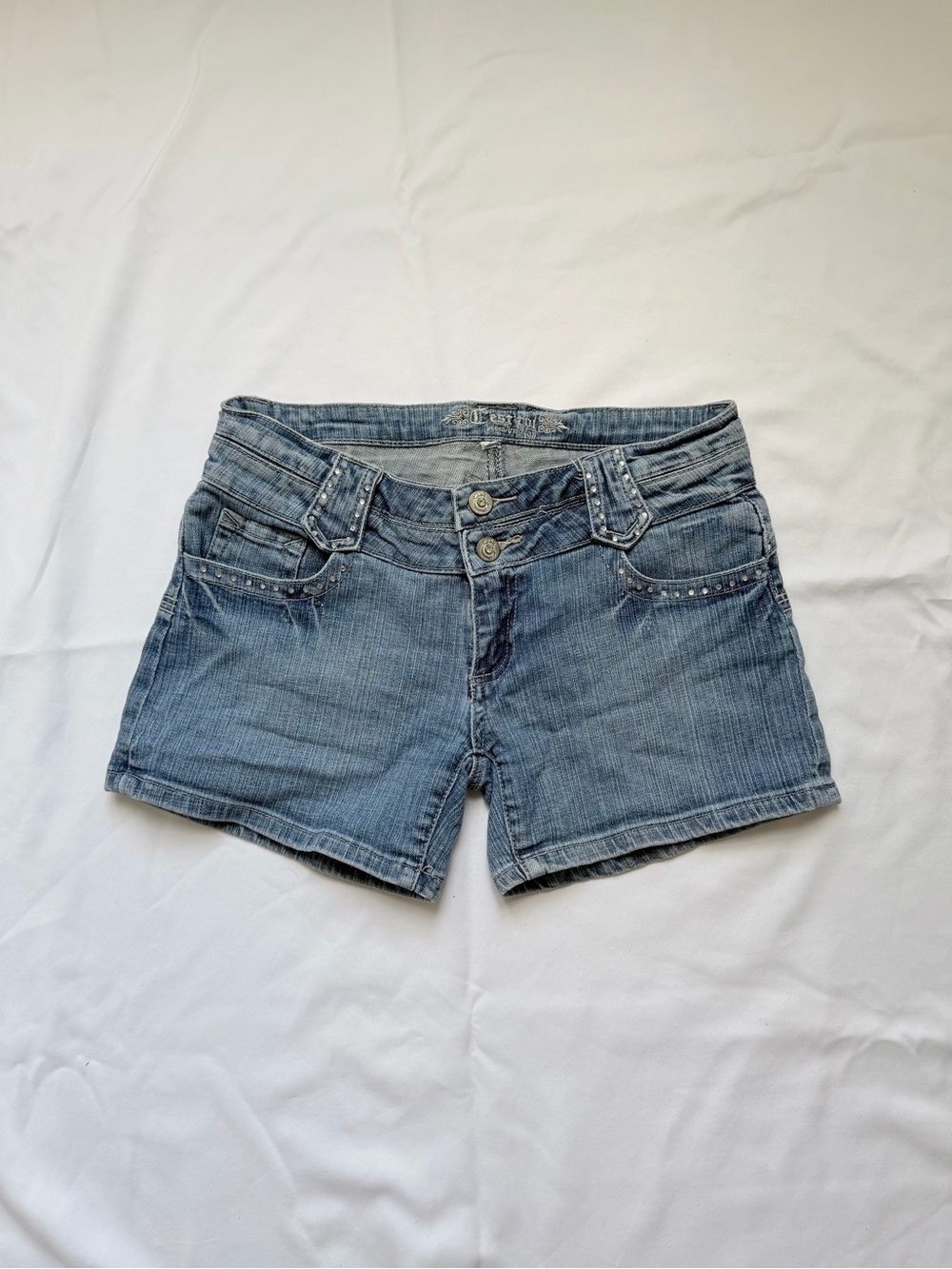 Women's Denim Shorts with Studded Trim - Light Blue